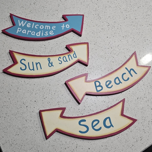 4 Wood Signs Beach โฑ๏ธ Sea ๐ Sun ๐ & Sand Welcome to Paradise L๐K Art - Picture 2 of 14